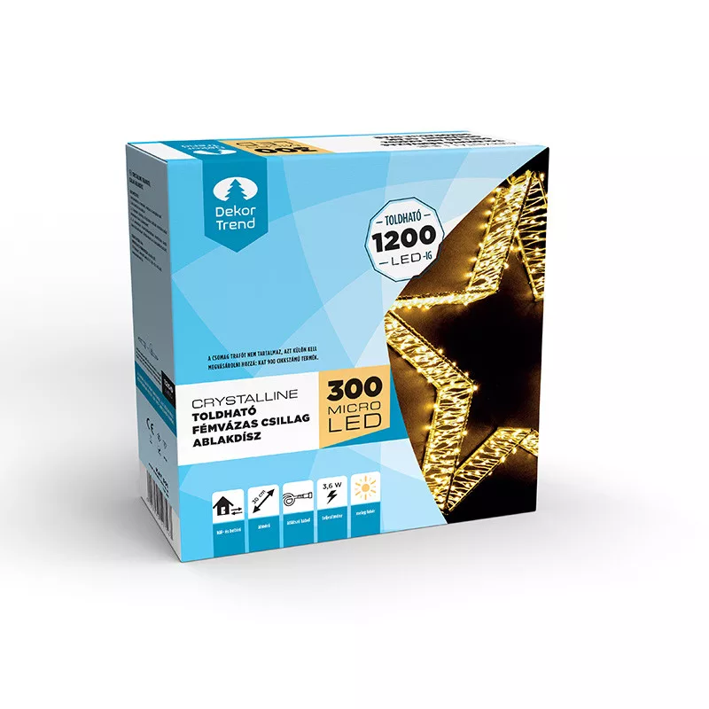 Crystalline toldhat� f�mv�zas csillag ablakd�sz, 300 micro LED, MELEG FEH�R, 30 cm �tm�r�